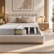 Saltea Premier Plus, SweetSleep, Arcuri Bonell, Fermitate Ridicata, Textil Ecologic, Fata Vara si Iarna, Bumbac Natural si Lana, Transilvan, 90x200x24